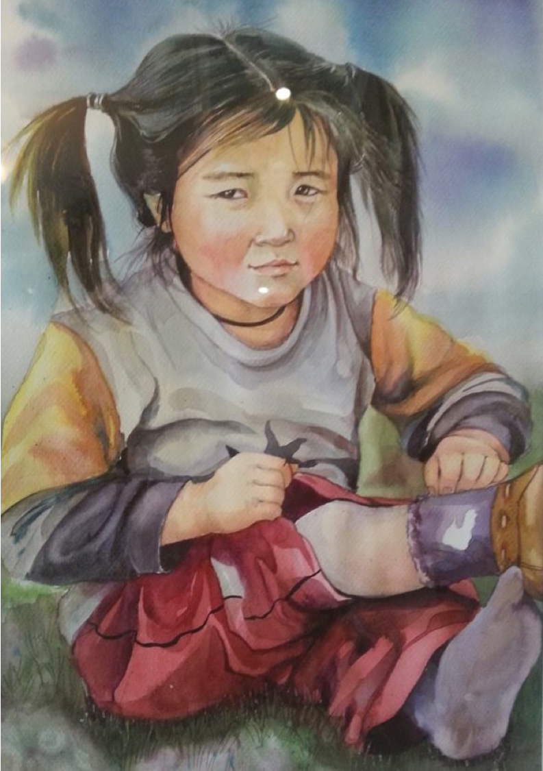 Акварель изображает то, что монгольский ребёнок плачет после падания с лошади